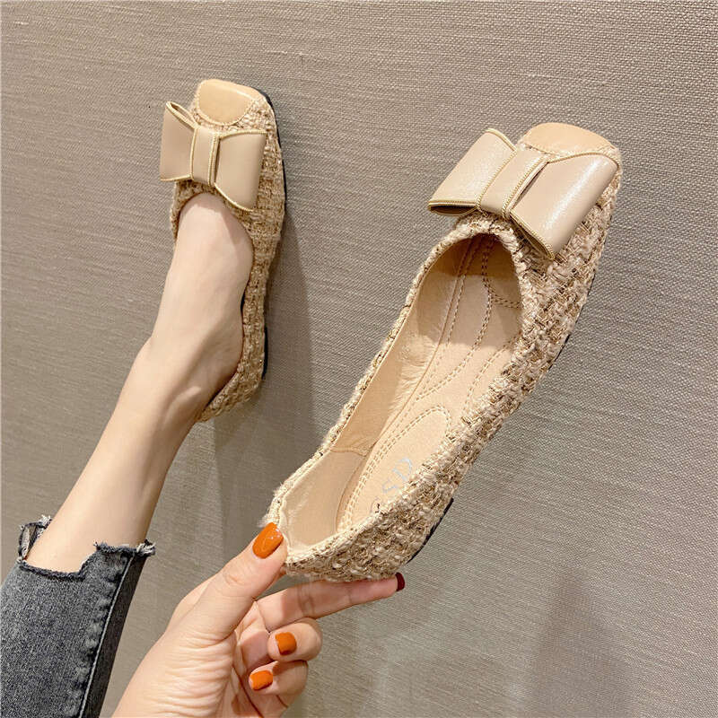 Korean Version Single Shoe 2023 Summer New Women's Flat Bow Shallow Mouth Square Toe Shoes Apricot Cloth Surface
