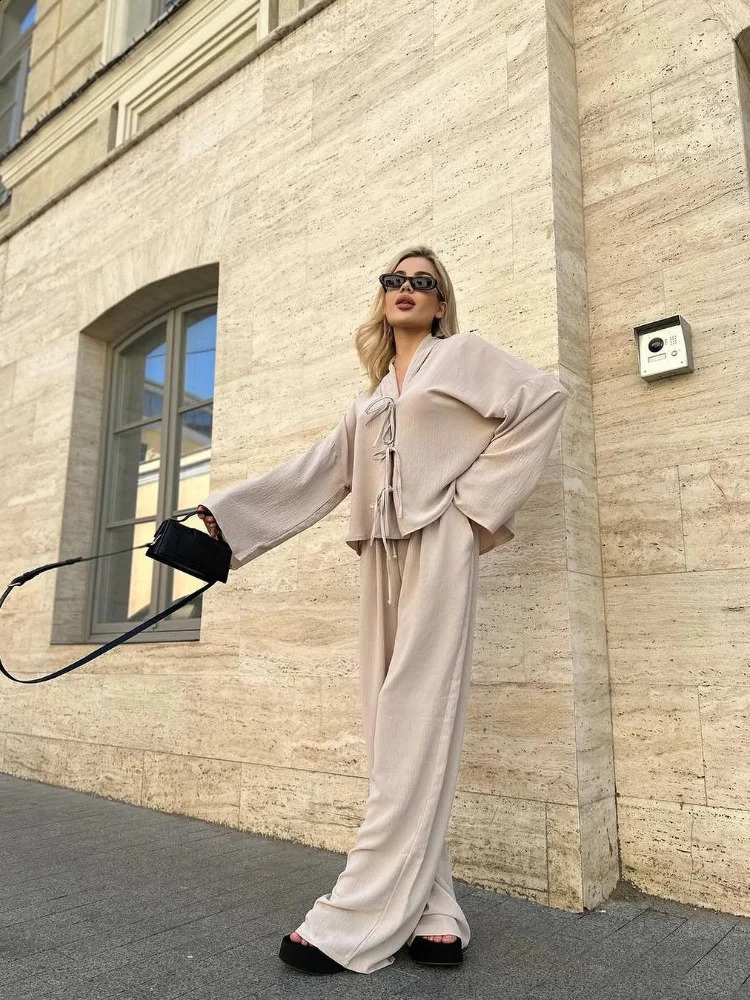 Women Cotton Line Pants Set Long Sleeve Lace Up Hollow Out V-neck Tops Wide Leg Trousers Suit 2024 Casual Lady Loose Outfits 241105