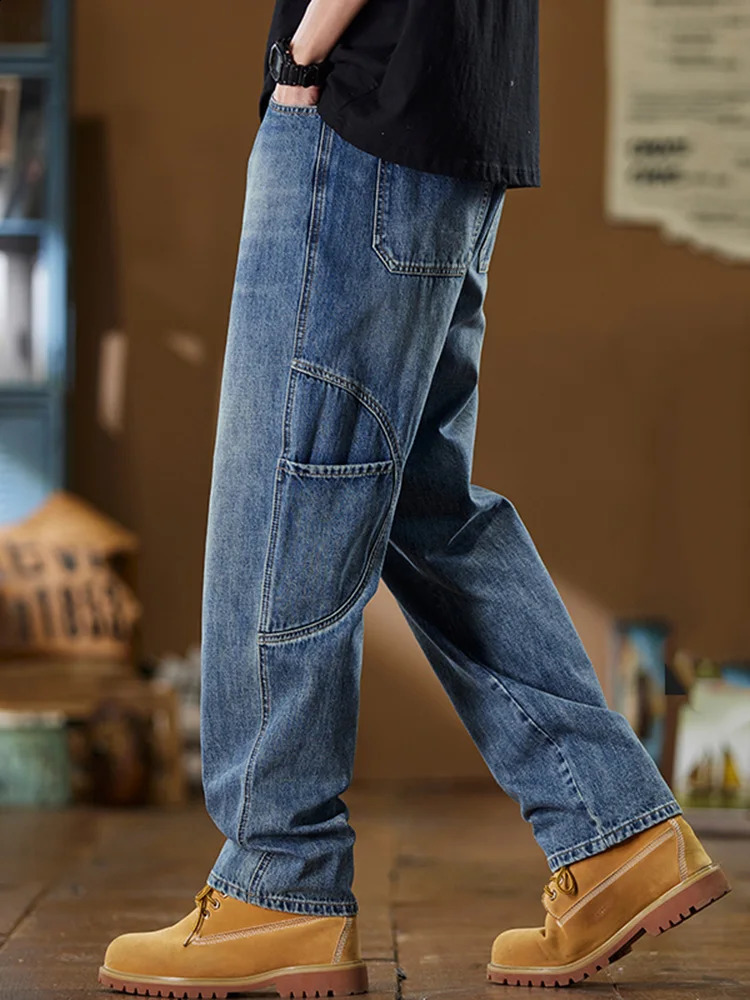 Korean Mens Casual Simplicity Solid Color Blue Long Loose Jeans Classic Male Straight Denim Wideleg Baggy Streetwear Pants 241105
