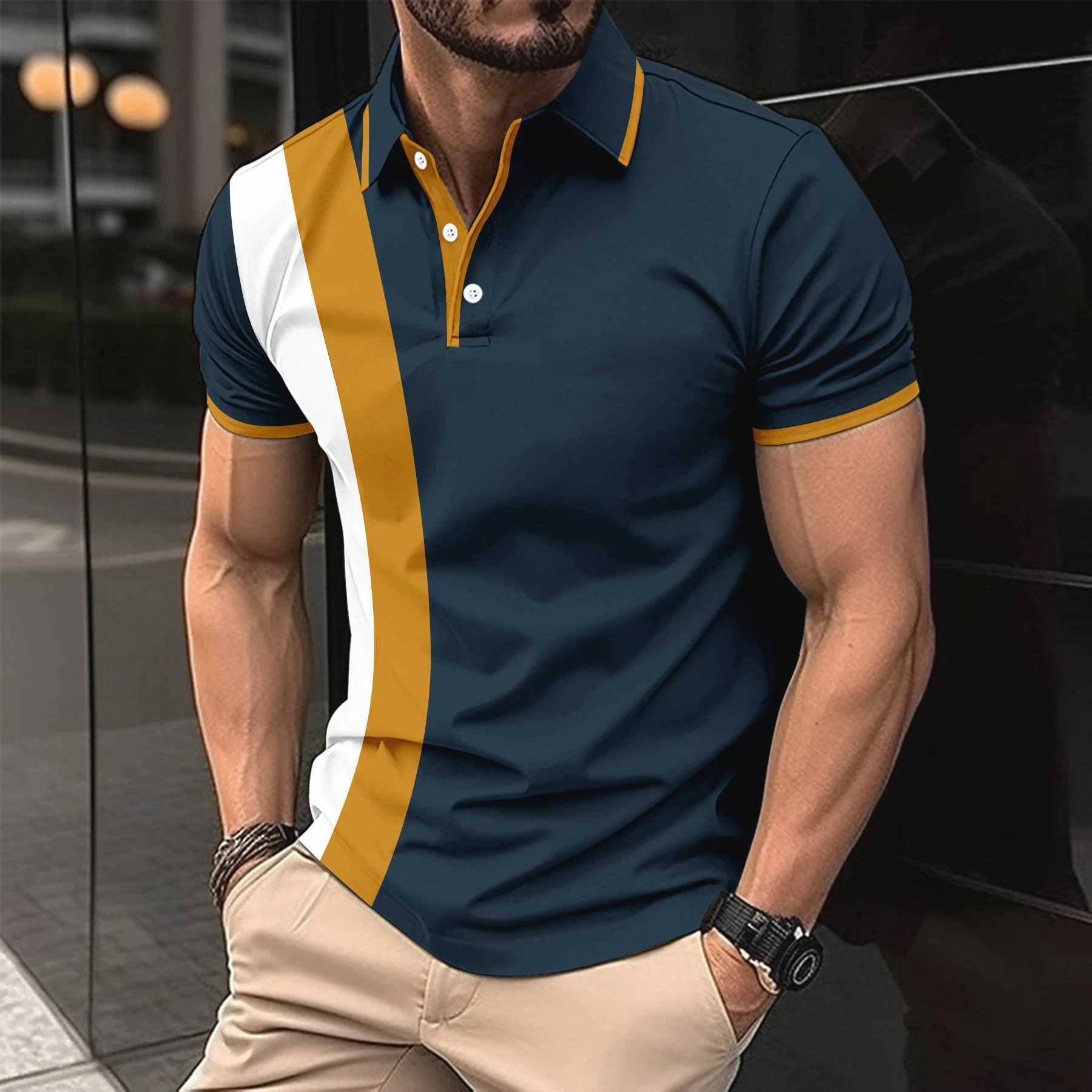 New 3D printed mens lightweight luxury casual high-quality shirt with lapel buttons business matching color breathable T-shirt W241104