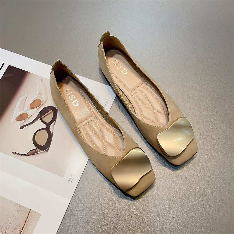 Shallow Mouth Women's Korean Version Spring New Item Metal Buckle Comfortable One Foot Cover Square Toe Flat Single Shoe Soft Sole Bean Shoes