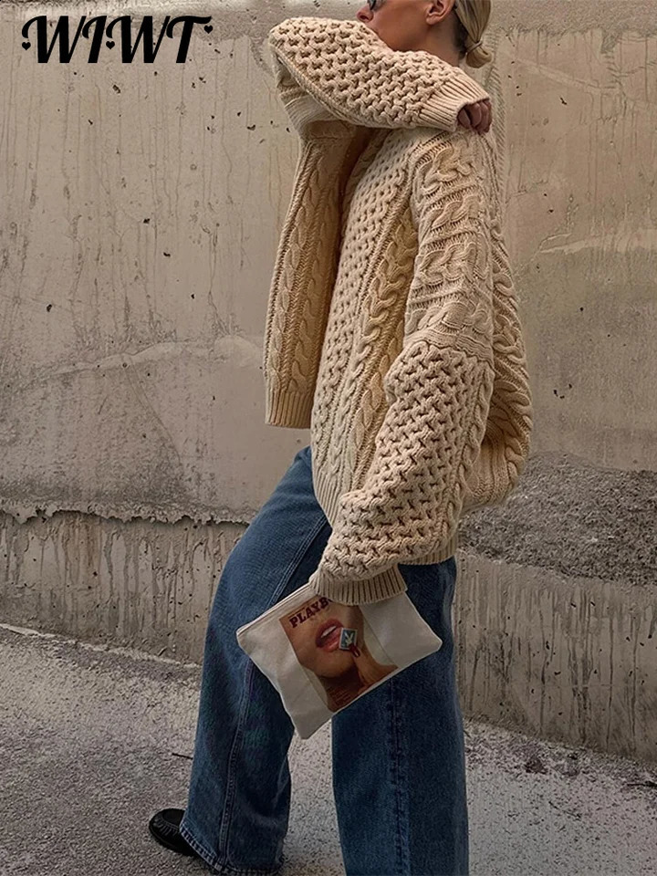 Oversized Knit Twist Pullovers Women Loose Lazy O-Neck Long Sleeve Solid Sweaters 2024 Autumn Female Casual Street Knitwear 241105