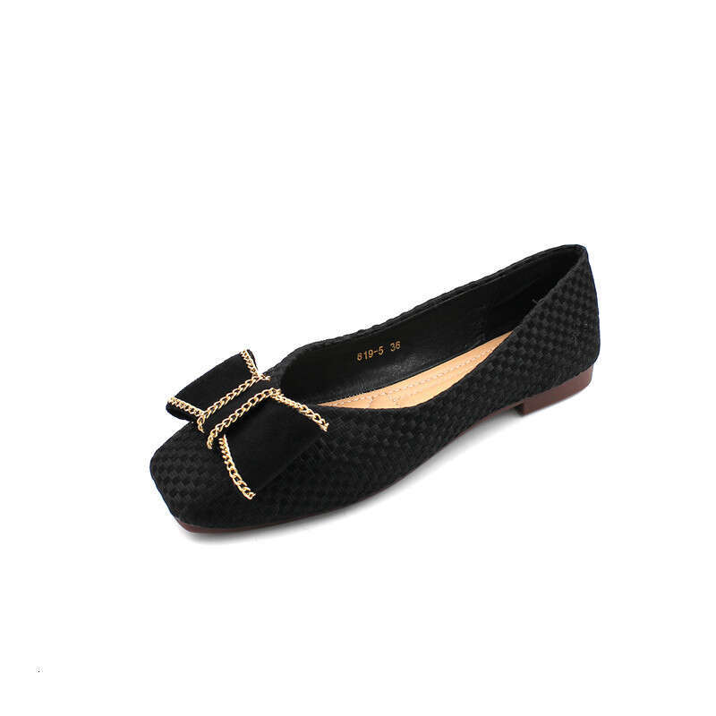Korean Version Flat Bottomed Single Women's Summer Versatile Square Toe 2023 New Spring Woven Surface Soft Sole Shallow Mouth Comfortable Scoop S