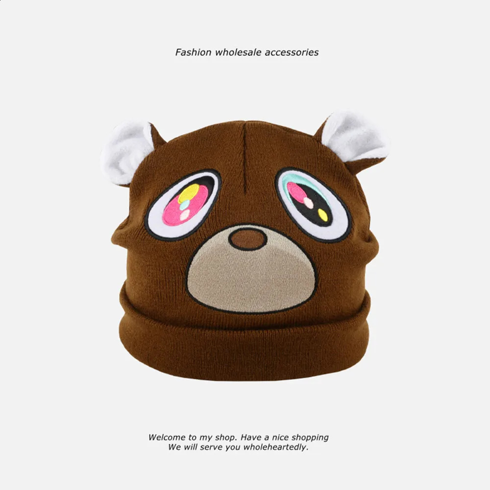 Cute Bear Knit Embroidered Wool Hat Hip Hop Rap Trend Warm Fashion Versatile Hats for Men and Women 241105