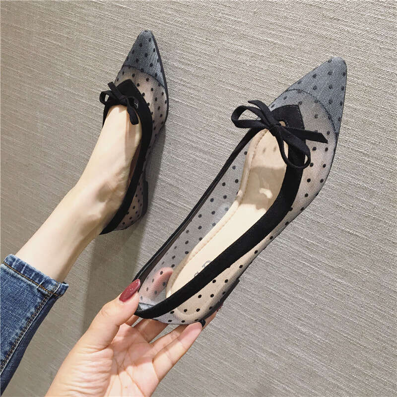 Korean Version New Single Shoe Women 2023 Versatile Fashion Breathable Pointed Shallow Mouth Mesh Fabric Flat Bottom Women's Scoop Shoes