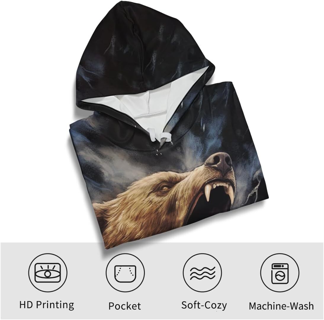 Hoodie for Mens Womens Novelty Bear Graphic Hoodie Cool Animal Print Hoodies Sweatshirt Pullover for Men Women Graphic Fashionable, cool, and warm