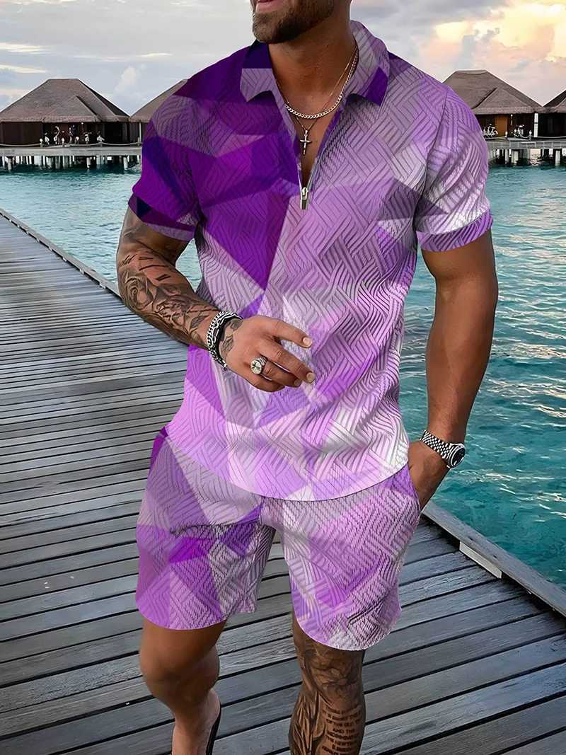 3D Color Geometry Print Mens Polo Shirt + Shorts Sets Fashion Zipper Polo Top 2 Piece Outfit Summer Trend Casual Loose Tee Suit W250609