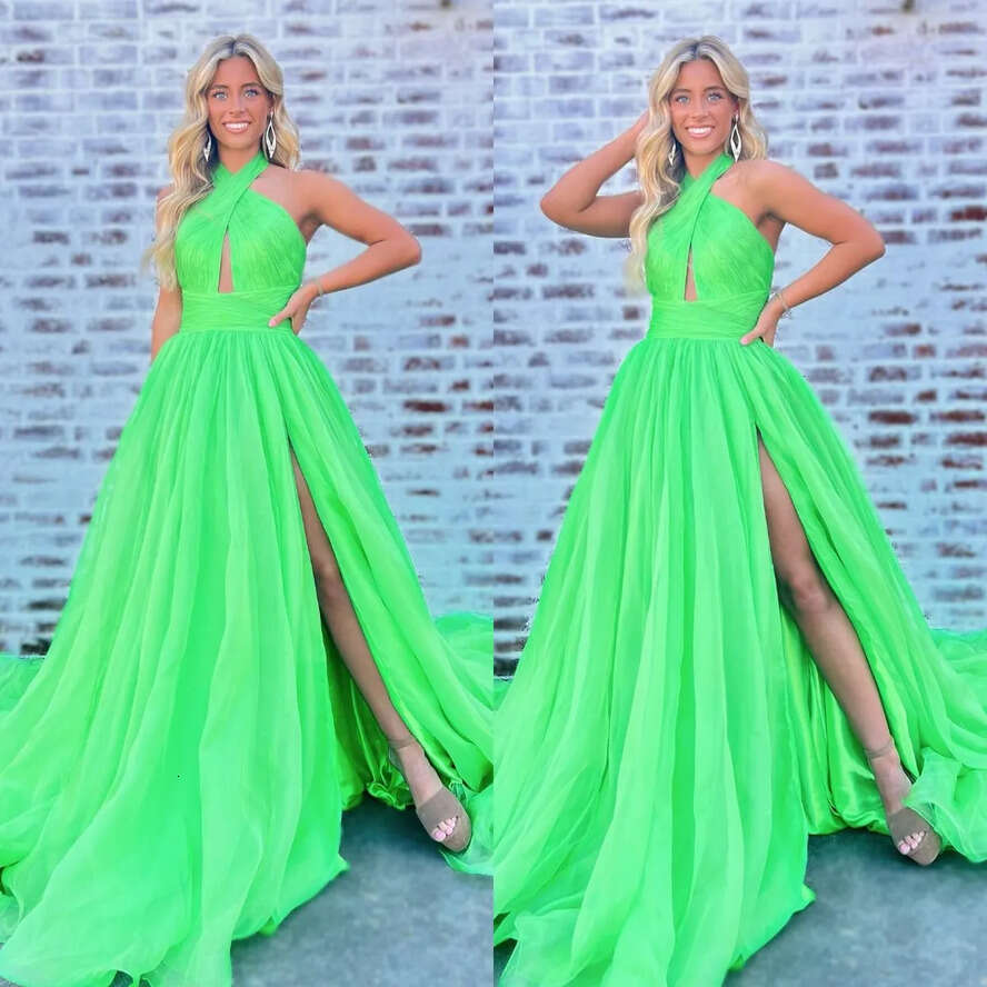 Fresh Green A E Prom Dress Halter Keyhole Evening Elegant Split Dresses For Special Ocns Sweep Train Robe De Soiree