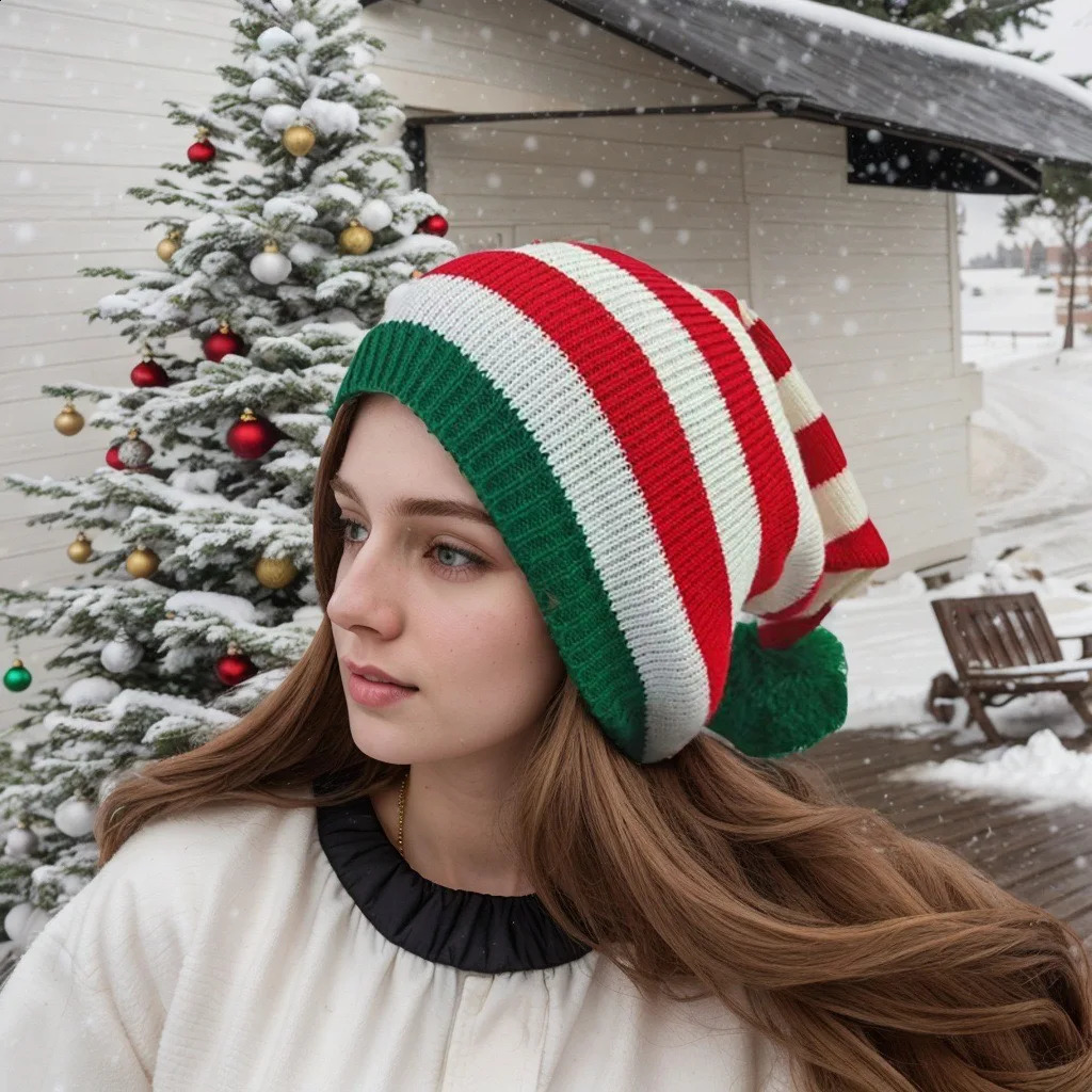 Fashion Adult Christmas Knitted Hat Elf Santa Beanies Claus Red Green Striped Crochet Merry Happy Year 241105
