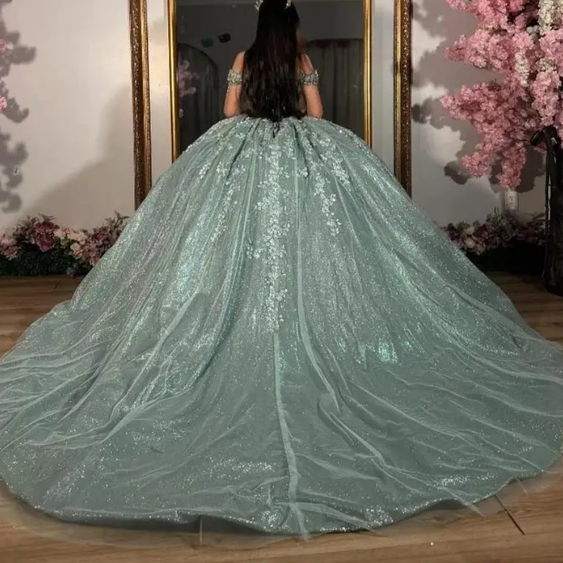 Mint Green Shiny Sweetheart Quinceanera Dresses Ball Gown Off the Shoulder Sequin Appliques Lace Beads Tull Vestido De 15 Anos Sweet 16 Dress