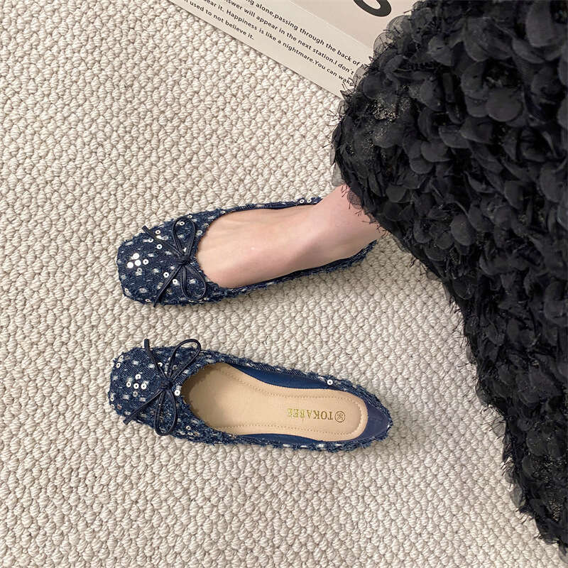 Xiaoxiangfeng French Soft Sole Single Shoe For Women's Spring And Summer Fashion, Crystal Sequin Fabric Versatile Butterfly Bow Flat Bottomed Sco