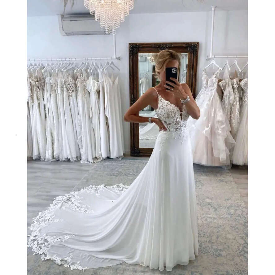 Boho E A Lace Gorgeous Wedding Dresses Sexy New Spaghetti Straps Chiffon Appl Beach Long Bridal Gowns Open Back Robes De Mariage Bc Ppl