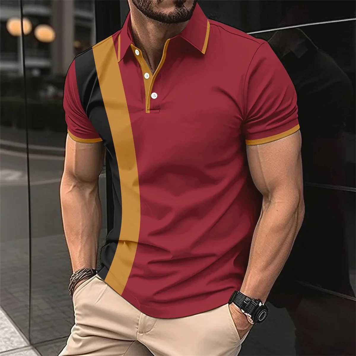 New 3D printed mens lightweight luxury casual high-quality shirt with lapel buttons business matching color breathable T-shirt W241104