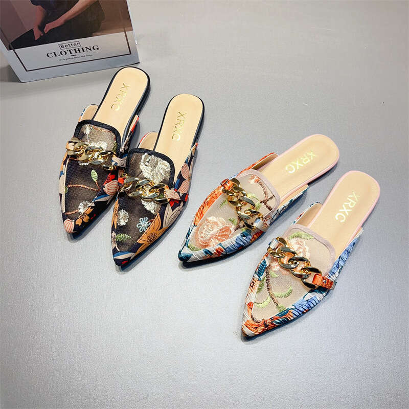 Baotou Half Slippers Women's Ins Korean Edition Season New Fashionable Versatile Flat Bottom Lazy Embroidered Muller Shoes