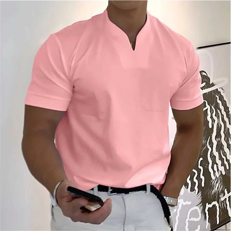 Summer solid color V-neck buttonless collarless mens short sleeved pocket fashionable casual sports mens shirt W241104
