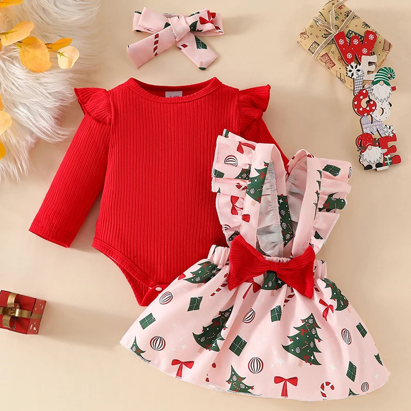 Citgeett autumn baby clothing long sleeved jumpsuitbow suspension skiingheadband set clothing 241105