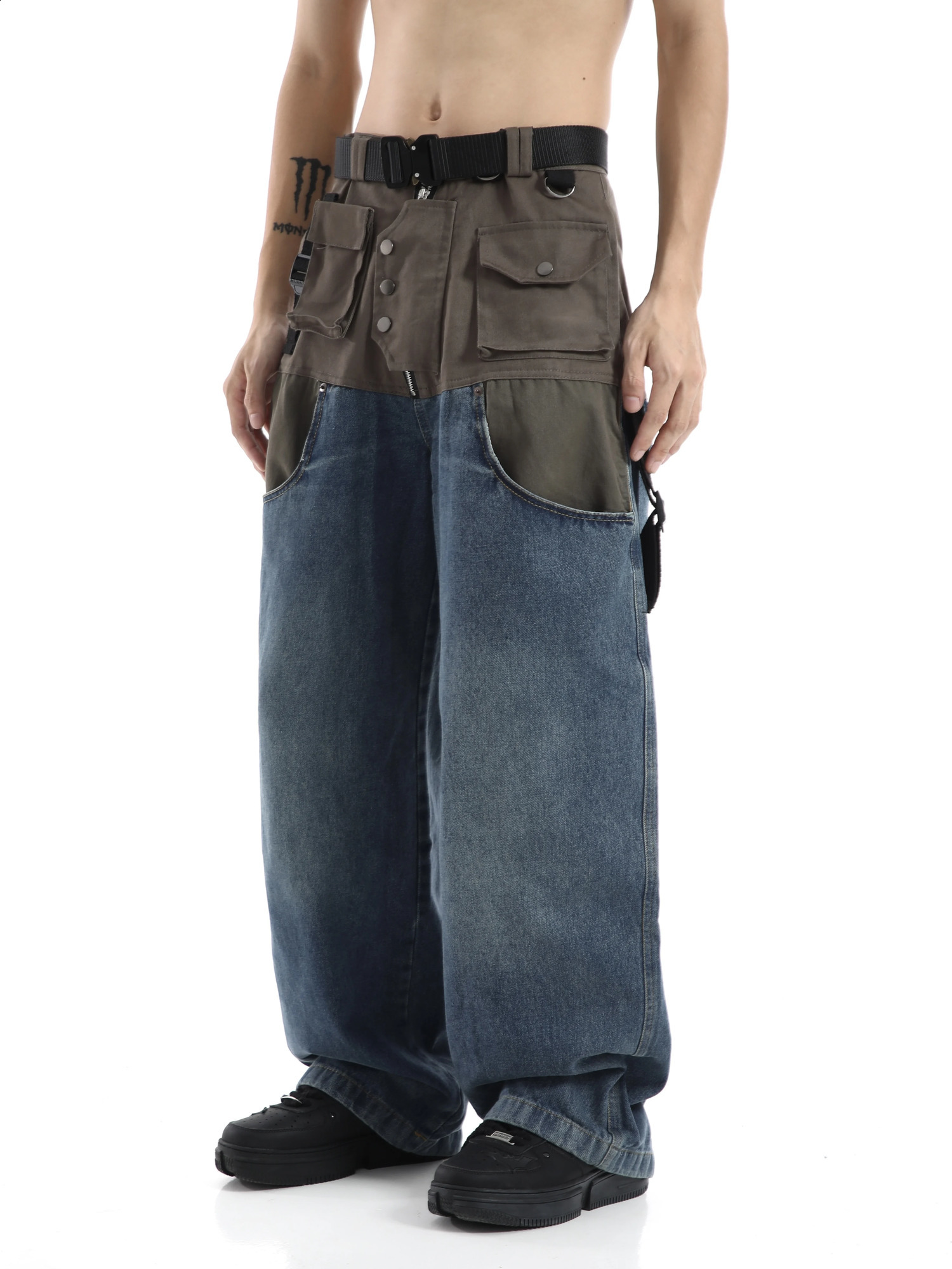 HOUZHOU Patchwork Baggy Wide Leg Jeans Pants Men Distressed Denim Trousers Male Oversize Japanese Streetwear Safari Style Casual 241105