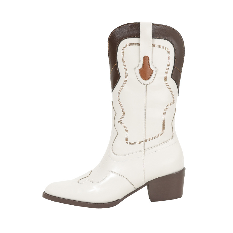 Autumn New Pointed Embroidery Thread Color Blocked Thick Heel Short Boots.