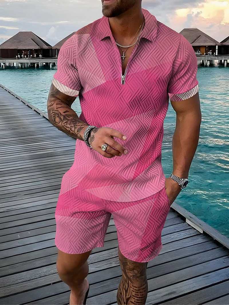 3D Color Geometry Print Mens Polo Shirt + Shorts Sets Fashion Zipper Polo Top 2 Piece Outfit Summer Trend Casual Loose Tee Suit W250609