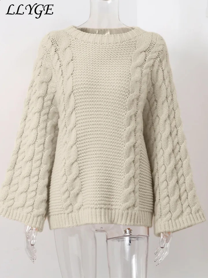 Loose Knitted Womens Coarse Needle Sweater Casual Solid O-neck Long Sleeve Pullover 2024 Autumn Lady Chic High Street Sweaters 241105