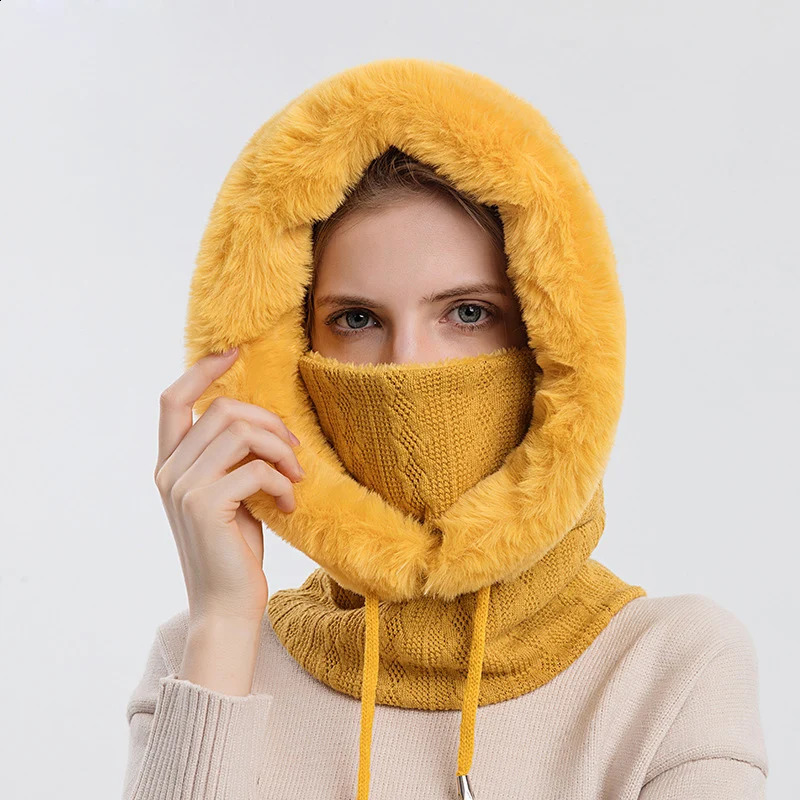 Women Beanie Hat Winter Balaclava Knitted Cap Hooded Face Mask Fluff Keep Warm Neck Scarf Bonnet 241105