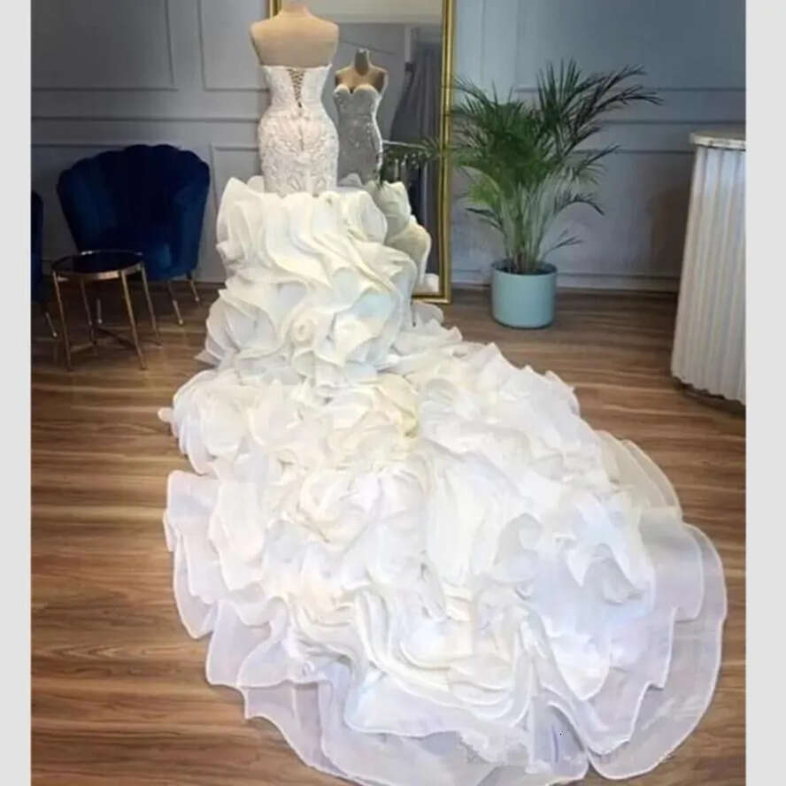 Wedding Mermaid Designer Dresses Bridal Gown Lace Applique Sweetheart Necke Ruffles Beaded Side Slit Custom Made Vestidos De Novia Plus Size