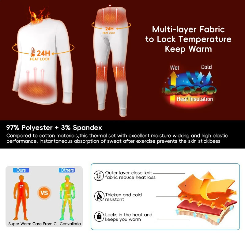 Long Johns Thermal Underwear Set for Men Fleece Lined Base Layer Set for Cold Weather Top Bottom S-2XL 241105