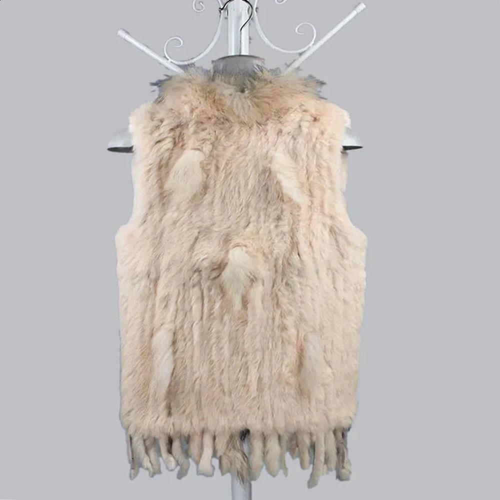 Women 100%Natural Real Rabbit Fur Vest Tassels Knitted Genuine Fur Waistcoat Lady Fashion Raccoon Fur Collar Outerwear 241105