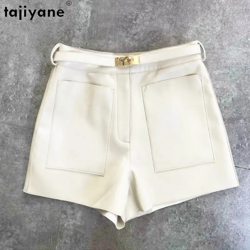 Tiyane Genuine Leather For Womens High Waist Real Sheepskin Pants Korean Style Slim Shorts Cargo Women Short SGG
