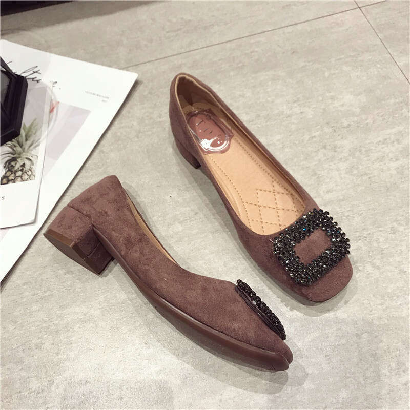 2023 Autumn New Versatile Water Diamond Suede Square Head Shallow Mouth Coarse Custom Scoop Low Middle Heel Women's Shoes