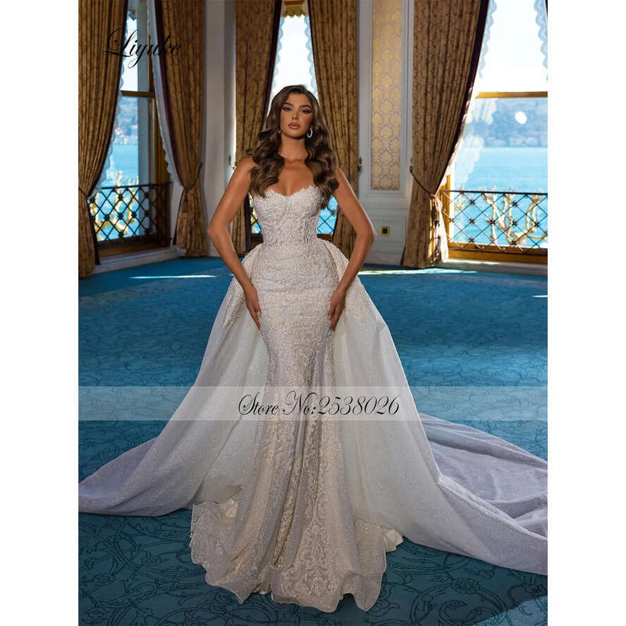 Lace Liyuke Strapless Mermaid Wedding Dresses Beading Pearls Appliques Off Shoulder In Bridal Gowns Removable Train