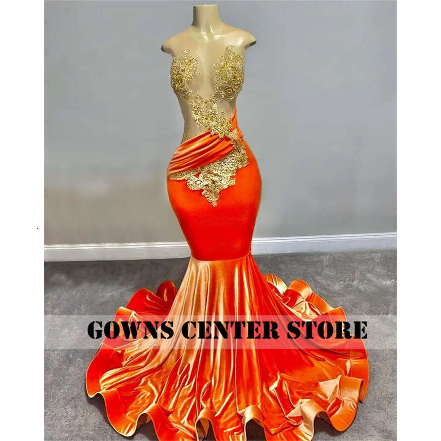 Orange Pretty Veet Gold Appliques Dress For Black Girls Mermaid New Arrival Evening Party Gowns Custom Made Prom Vip