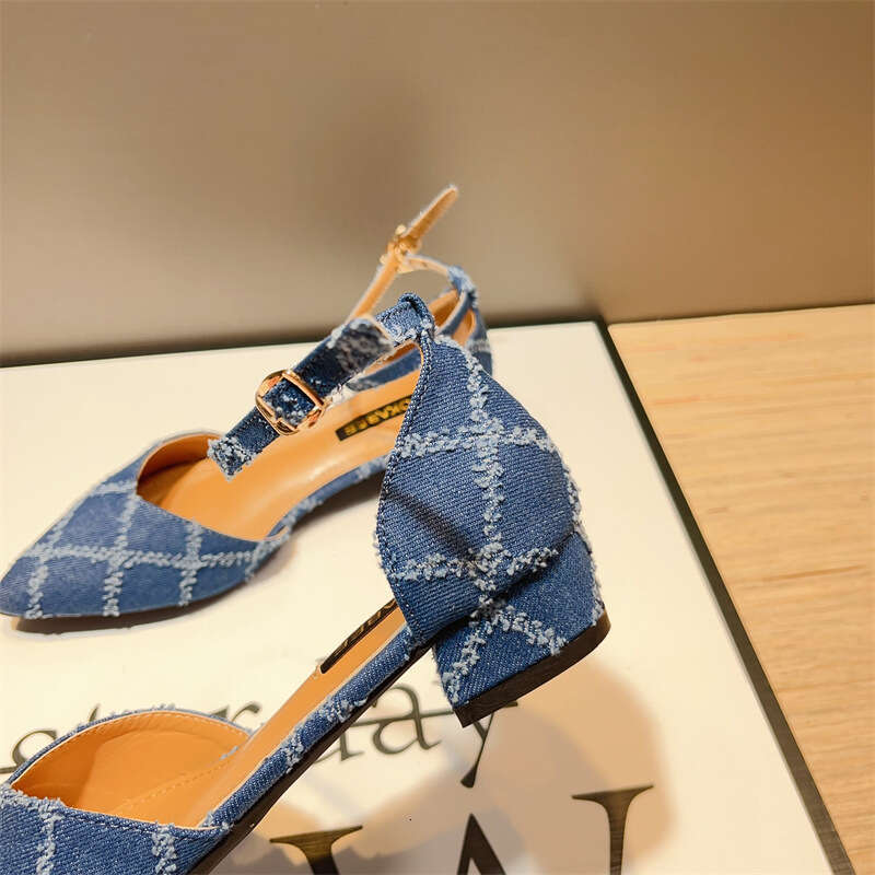 French Style Single Button Women's Korean Version Spring And Summer New Denim Pointed Hollow Thick Heel Fashion Sandals
