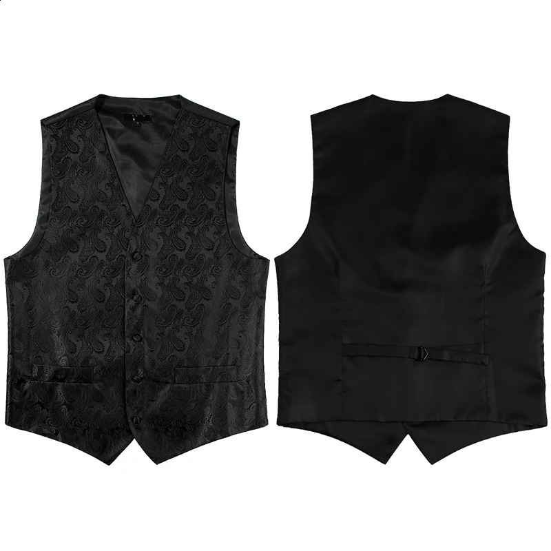 Mens Black Paisley Tuxedo Suit Vest Classic 3pc and Necktie Pocket Square Formal Dress Waistcoat for Gilet Homme 3XL 241105