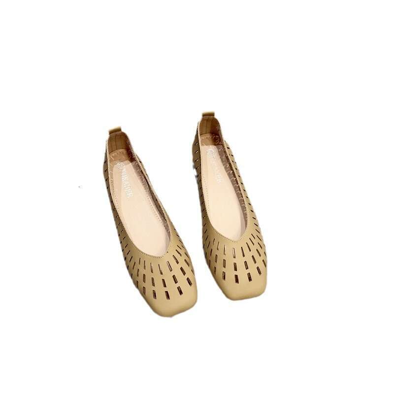 Summer New Item Korean Version Hollow Breathable Single Women's Scoop Square Toe Grandmother Shoe Soft Leather Comfortable Bean Shoes