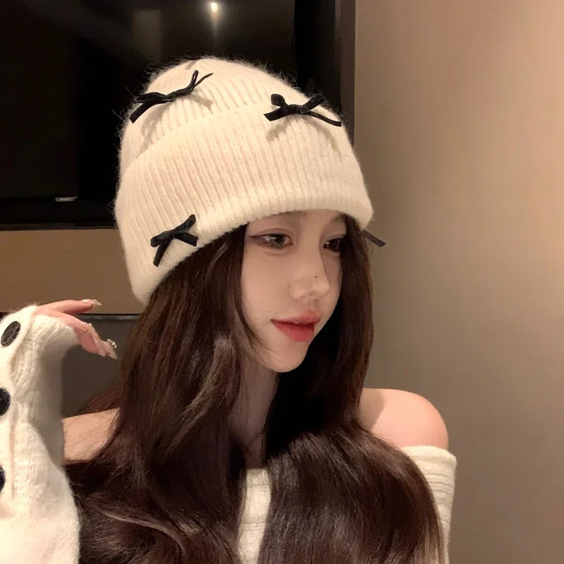 Korean Winter Bow Knitted Hat Ins Style Cute Y2K Girls Autumn and Personalized Fashion Warm Ear Protection 241105
