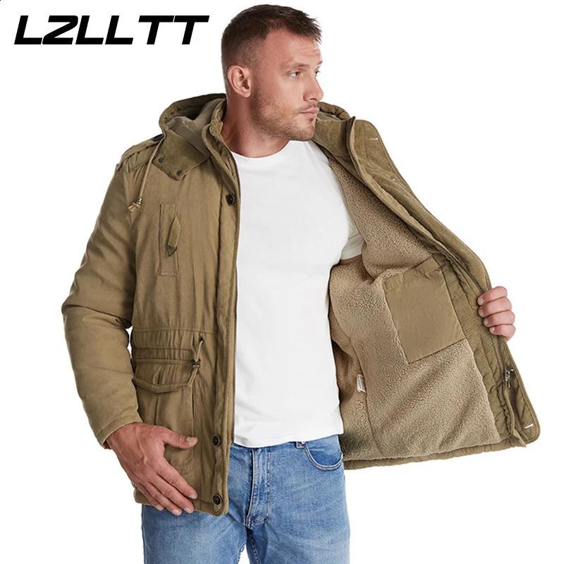 LZLLTT Men Winter Warm Parkas Mens Fleece Detachable Hat Jacket Casual Cotton Outdoor Fur Trench Padded Jackets Coats 241105