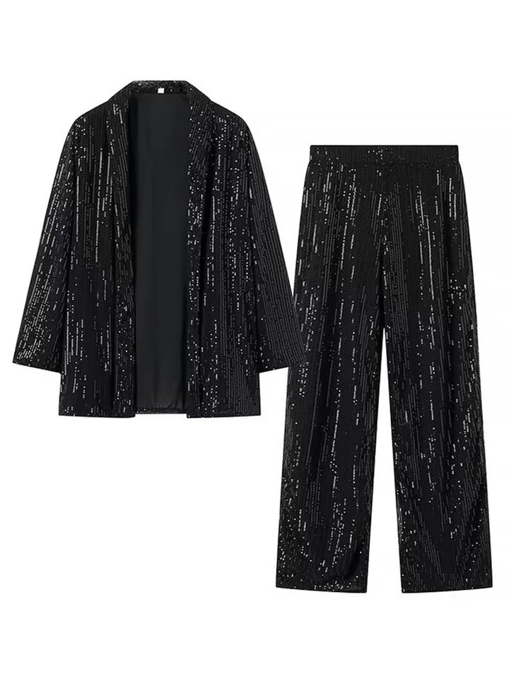 Fashion Silver Sequined Jacket Pant Suit Women Long Sleeve Coat Wide Leg Trousers 2 Piece Set 2024 Autumn Street Lady Sets 241104