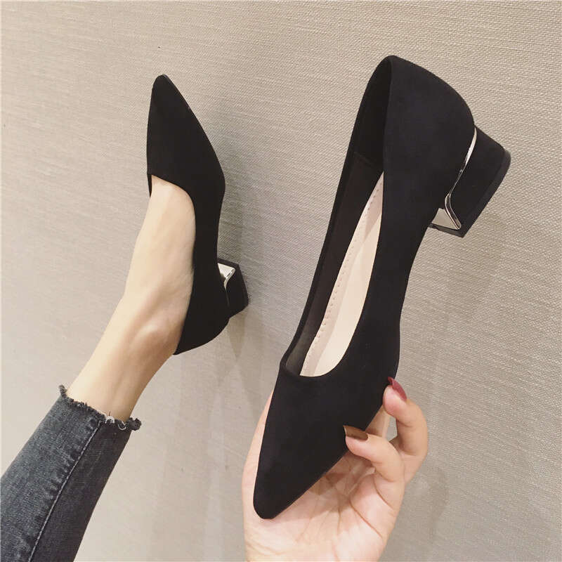 Korean High Heels 2023 Spring And Autumn Edition Suede Versatile Single Coarse Heel Professional Work Women's Black Shoes