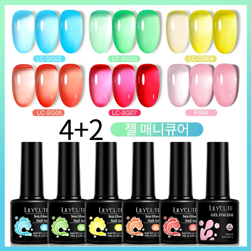 LILYCUTE 6Pcs 7ML Jelly Glass Gel Nail Polish Set Sea Blue Varnish Semi-transparent Nail Art Semi Permanent UV Gel Varnish 241105