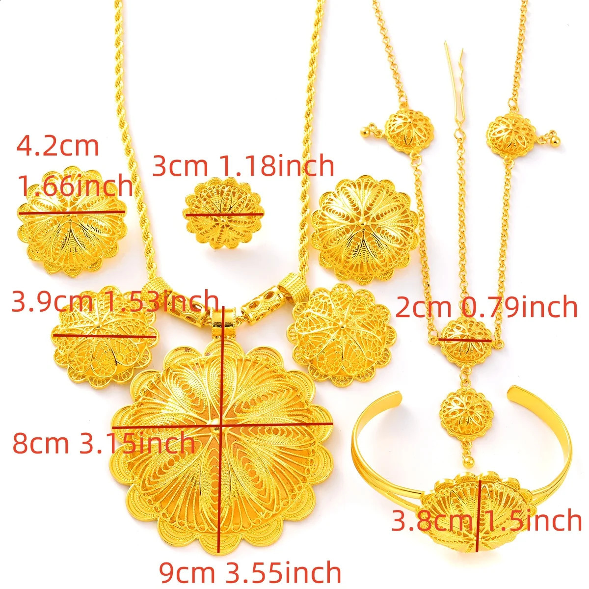 24K Gold Plated Fashion Ethiopian Earrings/Big Pendant/Ring/Bangle Jewelry Sets Gold Plate Africa Bride Wedding Eritrea Set Gift 241105