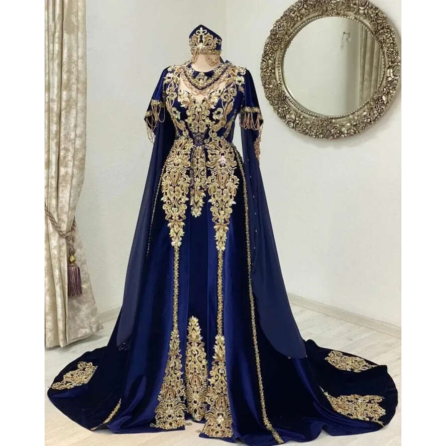 Blue Middle Navy East Evening Formal Dresses With Cape Long Sleeve Gold Applique Lace Marrocan Caftan Prom Ocn Dress