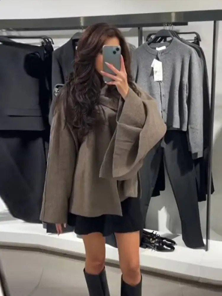 Fashion Woman Scarf Shawl Collar Long Sleeve Loose Coat Versatile Solid Color Casual Pullover Fall Street Outerwear 241105