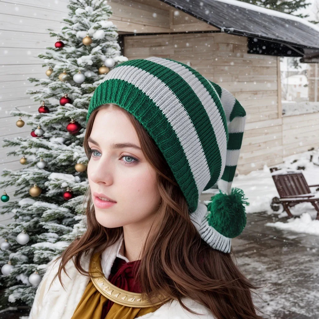 Fashion Adult Christmas Knitted Hat Elf Santa Beanies Claus Red Green Striped Crochet Merry Happy Year 241105