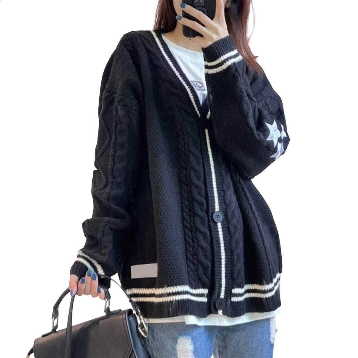 Women Loose Knitted Cardigans Coat Y2K Star Embroidery Sweaters Vintage Purple Streetwear Casual Single Breasted Long Sleeve Top 241105