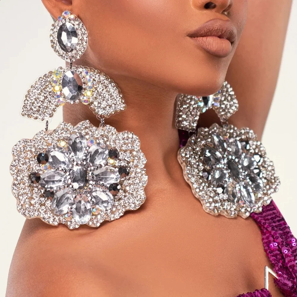 Stonefans Flower Pendant Earrings Gem Long Dangle for Women Y2k Trending Party Accessories Exaggerated Jewelry Crystal 241105