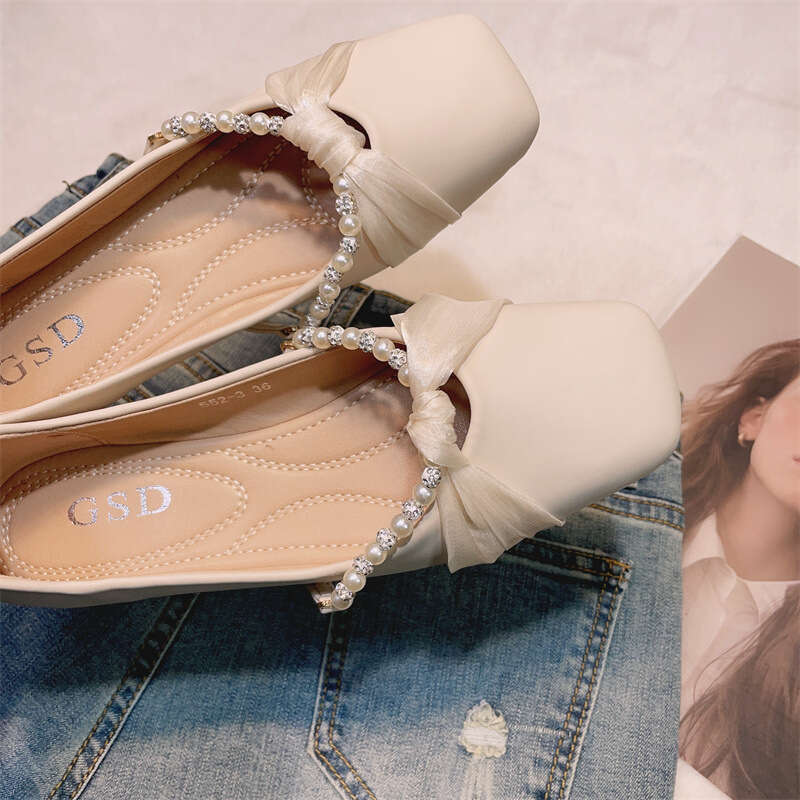 Fairy Style Evening For Women Korean Version Spring/Summer New Item Beaded Square Toe Shallow Mouth Leather Soft Sole French Women's Singles Shoe