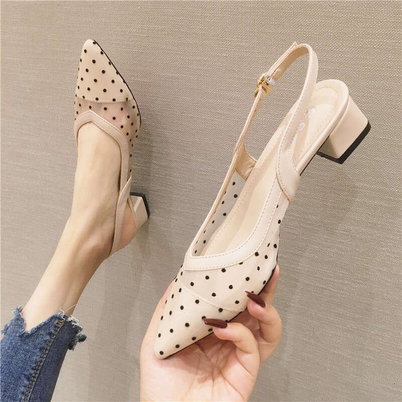 Mid Heeled Trend 2023 Spring/Summer New Item For Outerwear, Coarse Single Shoes, Pointed Shallow Mouth Breathable Sandals, Bag Head, Women's Shoe