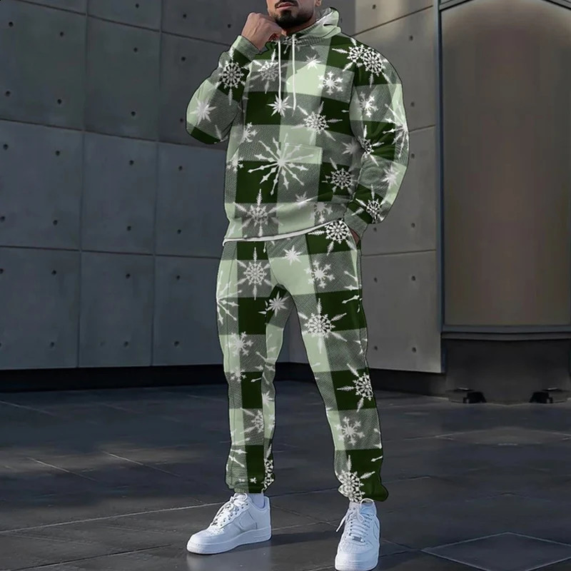 Elk Snowflake 3d Print Fashion Long Sleeve Hoodie Pants Suits Male Tracksuit Casual Drawstring Sweatshirt Men Two Piece Set 241105