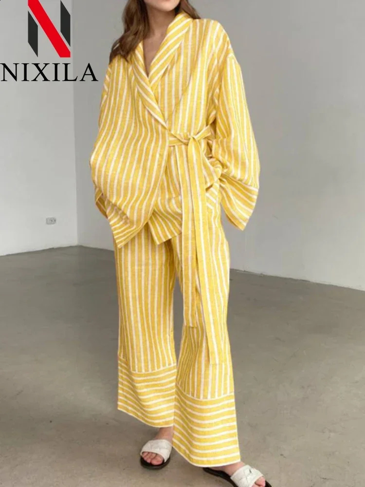 in Spring Summer Striped Long Sleeved Loose Tie Up Sets for Women 2 Pieces Fashion Leisure Pant Sets Elegant Womens Suits 241105